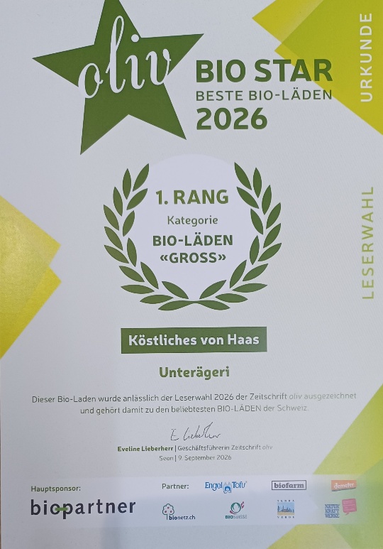 Bio Star 1. Rang Bio-Läden 2026 - köstliches von haas, Unterägeri & Baar